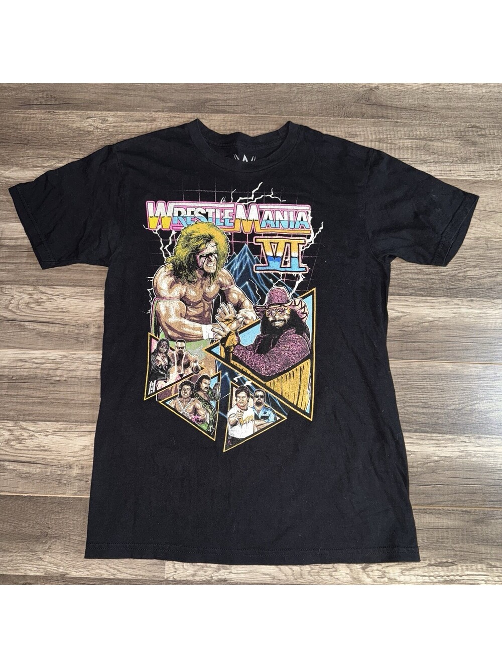 WWE Wrestlemania VI Ultimate Warrior Macho Man Black Graphic T-Shirt Mens Small